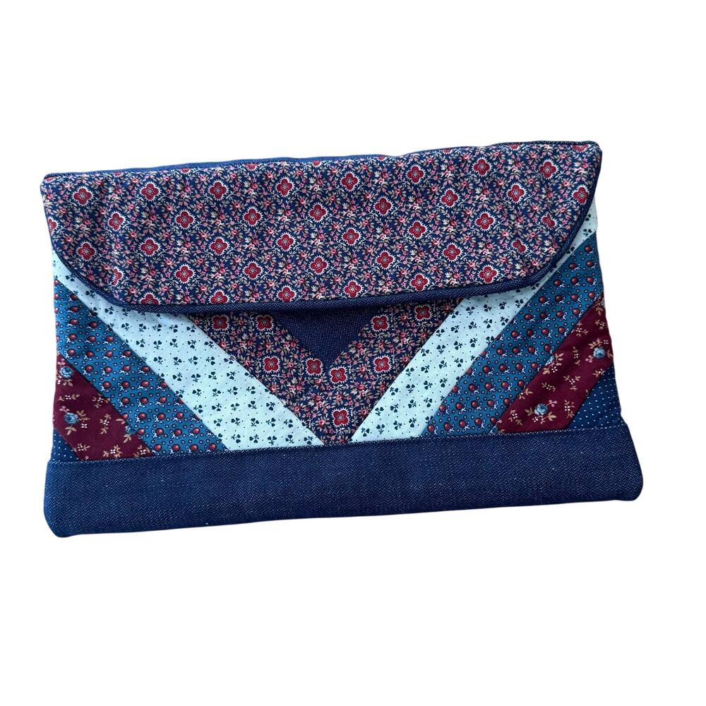 Handmade Patchwork Denim Clutch Purse Makeup Bag Blue Burgundy Cottage Core 8x11